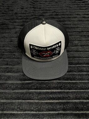 Chrome Hearts Black, White & Gray Mesh Trucker Hat with Lip Patch